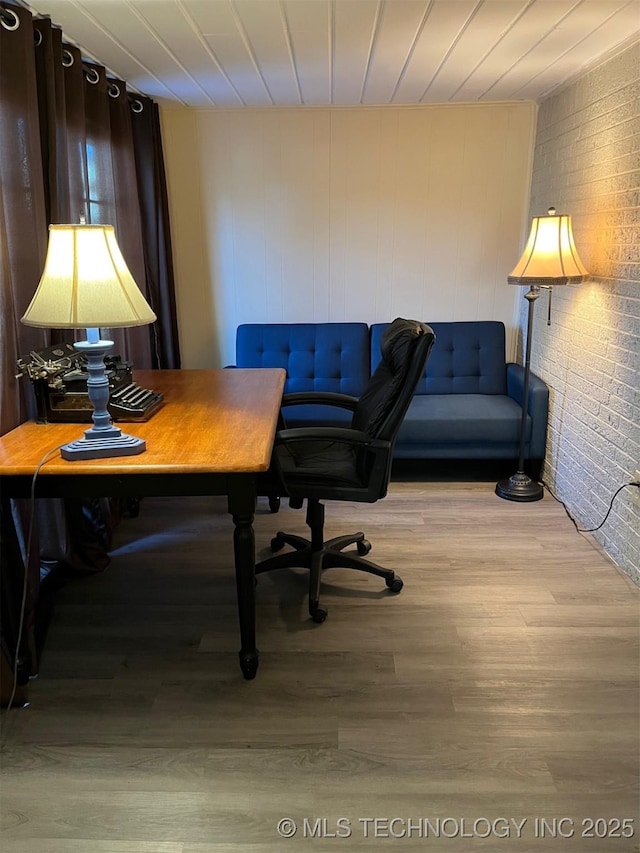 1029 N Kenwood Ave, Broken Arrow, OK 74012 - office space featuring brick wall, wooden ceiling, and light wood finished floors