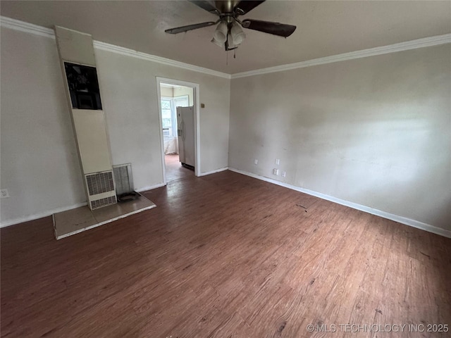 unfurnished living room featuring baseboards, ceiling fan, and wood finished floors