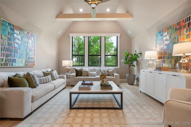 living room featuring recessed lighting, lofted ceiling with beams, a ceiling fan, and wood finished floors