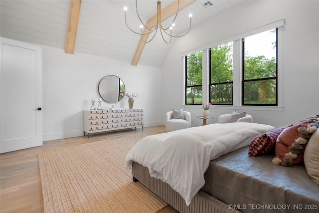 bedroom with wood finished floors, baseboards, wood ceiling, lofted ceiling with beams, and a notable chandelier