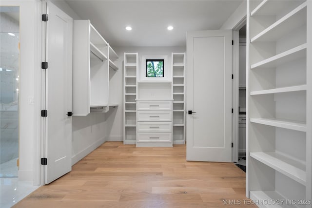 walk in closet with light wood-style floors
