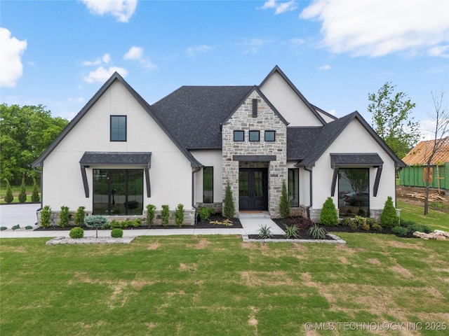 modern farmhouse with stucco siding, french doors, and stone siding