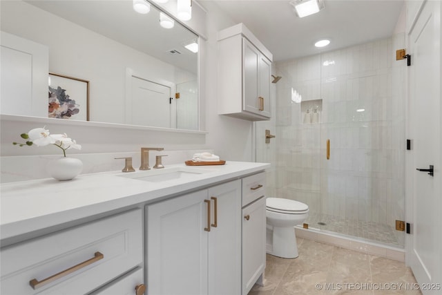 full bathroom with visible vents, a stall shower, toilet, and vanity