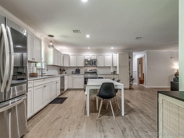 kitchen featuring visible vents, decorative backsplash, crown molding, a sink, and stainless steel appliances