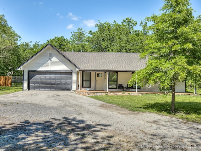 ranch-style house featuring a garage, aphalt driveway, fence, a shingled roof, and a porch