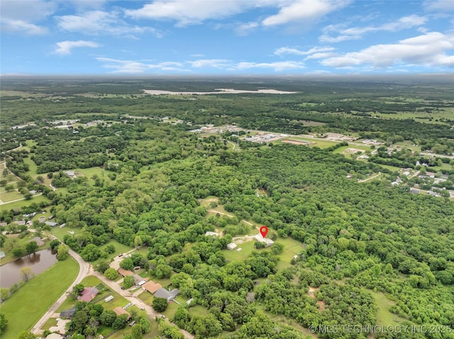 birds eye view of property featuring a water view and a view of trees