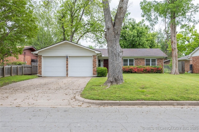 ranch-style house featuring fence, a front lawn, brick siding, a garage, and driveway