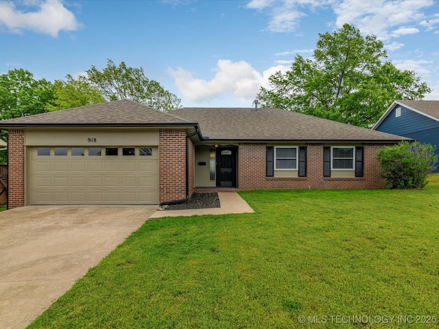 single story home featuring a shingled roof, an attached garage, brick siding, a front yard, and concrete driveway