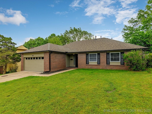ranch-style home featuring a garage, a shingled roof, driveway, and brick siding