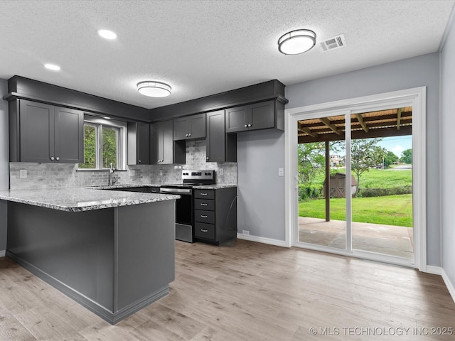 kitchen with visible vents, stainless steel range with electric stovetop, a peninsula, light stone counters, and a sink