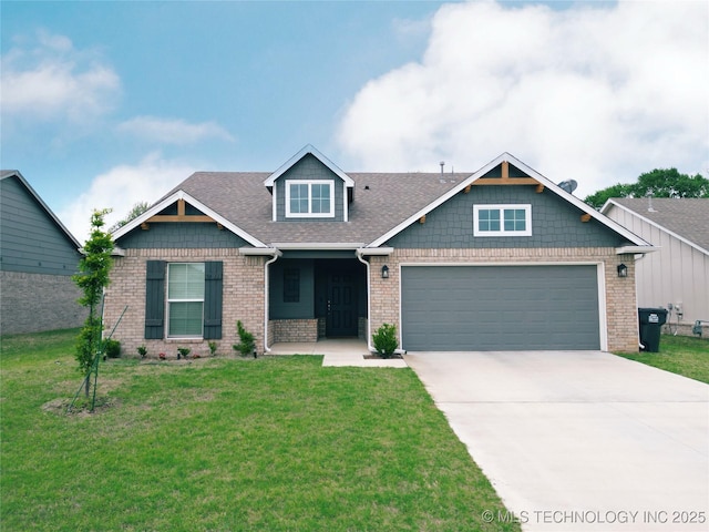 craftsman-style house featuring an attached garage, driveway, a front lawn, and brick siding