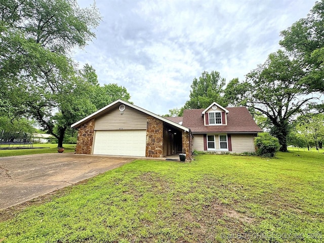 single story home featuring driveway, a front lawn, stone siding, and a garage