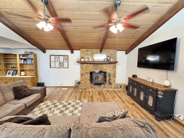 living room with wood ceiling, ceiling fan, vaulted ceiling with beams, and wood finished floors