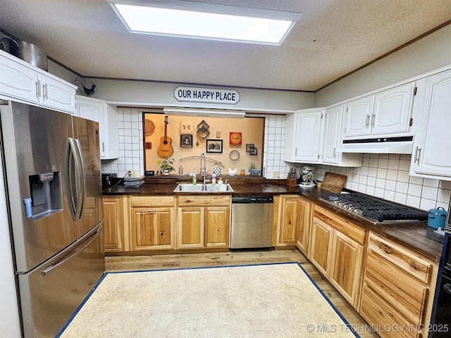 kitchen with a sink, decorative backsplash, appliances with stainless steel finishes, and dark countertops