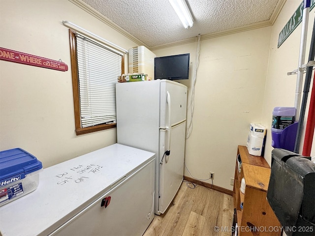 clothes washing area featuring ornamental molding, light wood-type flooring, and a textured ceiling
