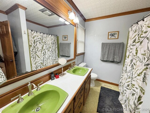 full bath featuring a sink, ornamental molding, toilet, and visible vents