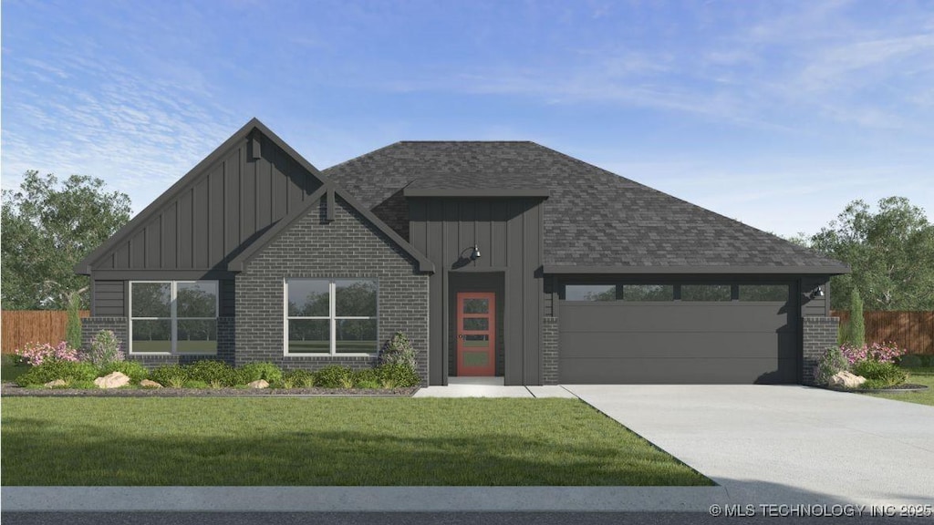 view of front of property with fence, a front yard, board and batten siding, an attached garage, and driveway