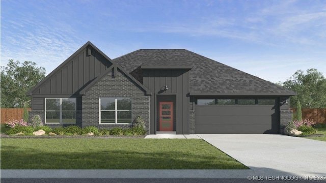 view of front of property with fence, a front yard, board and batten siding, an attached garage, and driveway