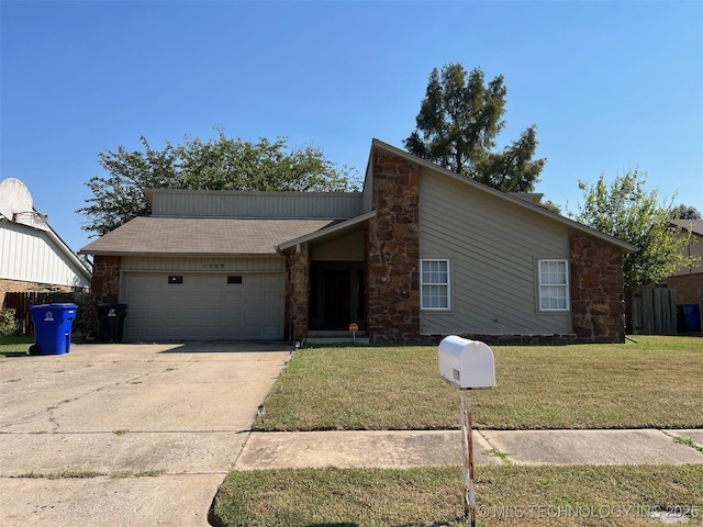 1209 S 29th St, Broken Arrow, OK 74014 - mid-century inspired home with a garage, a front lawn, driveway, and stone siding