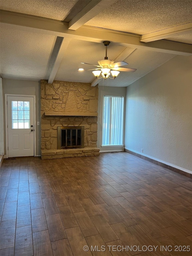 1209 S 29th St, Broken Arrow, OK 74014 - unfurnished living room featuring baseboards, ceiling fan, dark wood-style floors, and beamed ceiling