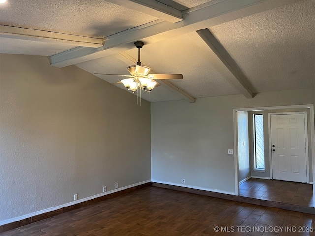 1209 S 29th St, Broken Arrow, OK 74014 - spare room with baseboards, dark wood-style flooring, ceiling fan, and vaulted ceiling with beams
