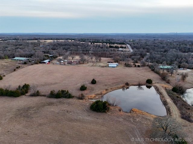birds eye view of property with a water view and a rural view
