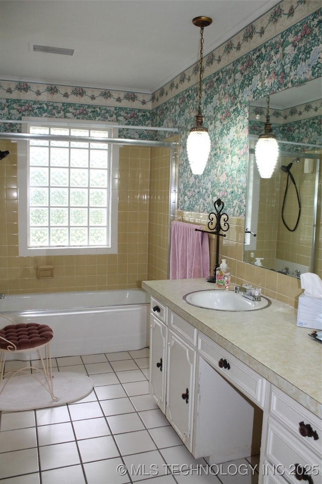 full bath featuring vanity, shower / tub combination, tile patterned floors, and wallpapered walls