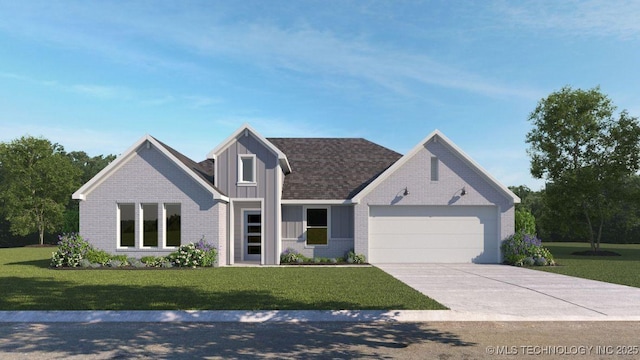 traditional-style home with board and batten siding, a front yard, a garage, brick siding, and concrete driveway