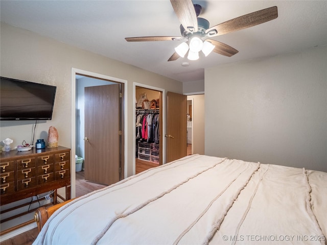 bedroom featuring a walk in closet, ceiling fan, wood finished floors, and a closet
