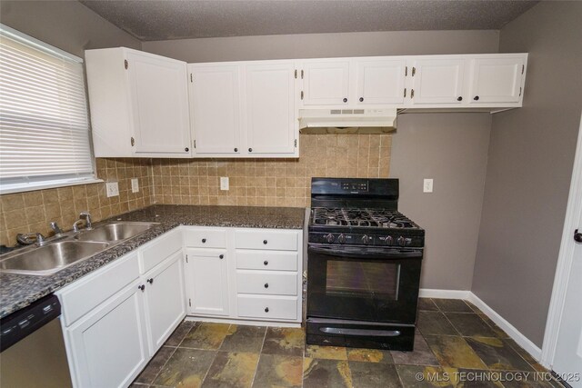 1160 S 124th E Ave, Tulsa, OK 74128 - kitchen with black gas stove, under cabinet range hood, dishwasher, a sink, and backsplash