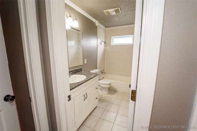 1160 S 124th E Ave, Tulsa, OK 74128 - bathroom with ornamental molding, a textured ceiling, tile patterned flooring, vanity, and toilet