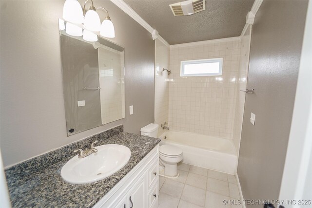 1160 S 124th E Ave, Tulsa, OK 74128 - bathroom with a textured ceiling, ornamental molding, toilet, vanity, and tile patterned floors