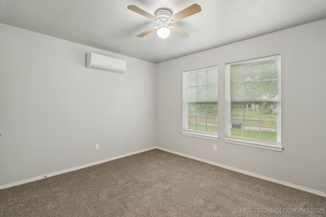 unfurnished room featuring dark carpet, a ceiling fan, baseboards, and a wall mounted AC