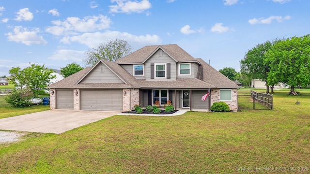 traditional-style home with fence, covered porch, a shingled roof, an attached garage, and driveway