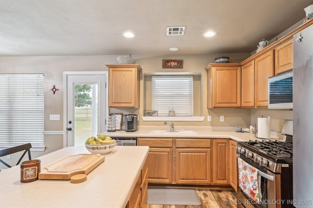 kitchen with appliances with stainless steel finishes, a sink, light wood-style floors, light countertops, and visible vents