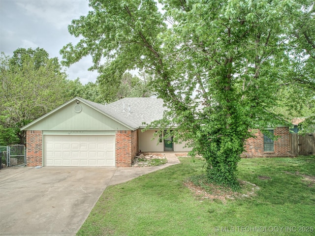 ranch-style home featuring concrete driveway, brick siding, an attached garage, and fence