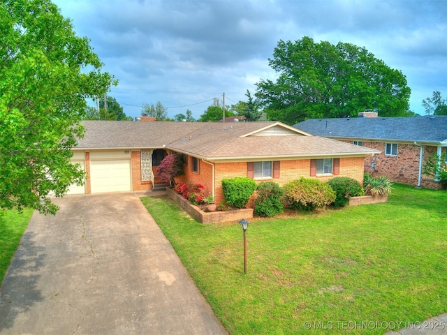 ranch-style house featuring driveway, roof with shingles, a front yard, a garage, and brick siding