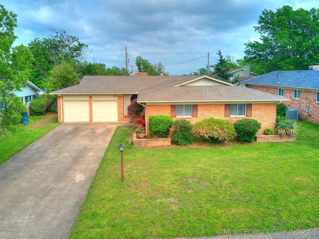 ranch-style home with a garage, a front yard, brick siding, a shingled roof, and driveway