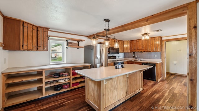 25505 S 4111th Rd, Claremore, OK 74019 - kitchen with visible vents, light countertops, black appliances, and dark wood-style floors