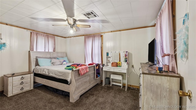 25505 S 4111th Rd, Claremore, OK 74019 - bedroom with a ceiling fan, dark colored carpet, and visible vents