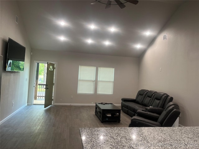 5114 W 3rd St, Tulsa, OK 74127 - living area featuring ceiling fan, visible vents, baseboards, wood finished floors, and vaulted ceiling