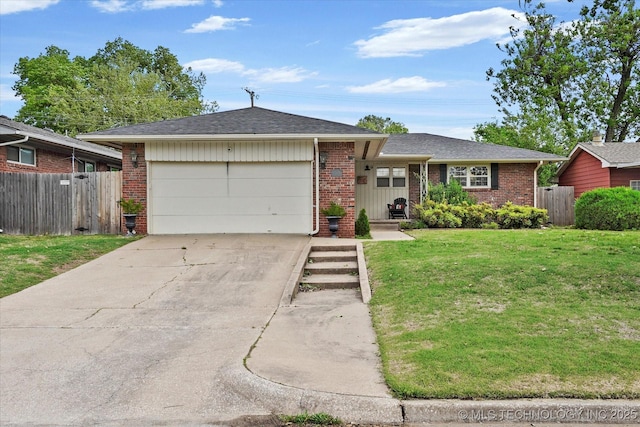 5729 E 25th Pl, Tulsa, OK 74114 - ranch-style house with brick siding, an attached garage, fence, and a front lawn