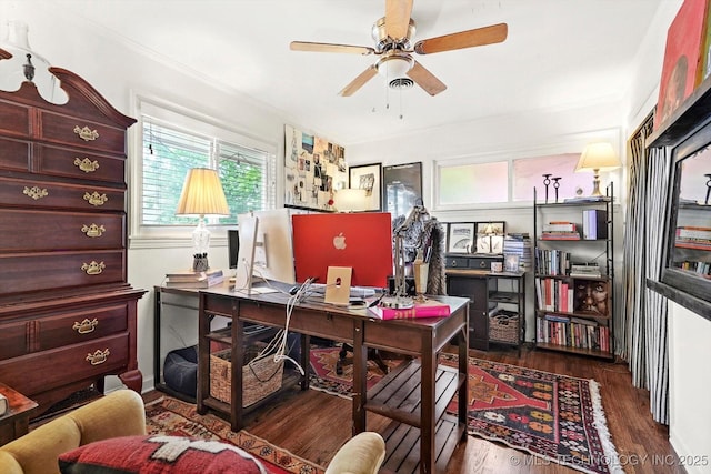 5729 E 25th Pl, Tulsa, OK 74114 - office featuring ornamental molding, ceiling fan, and wood finished floors