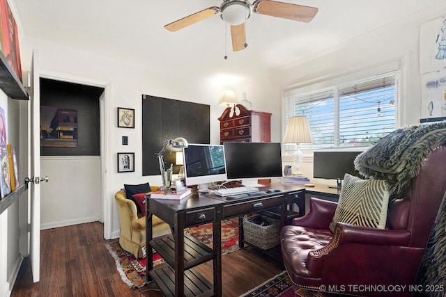 5729 E 25th Pl, Tulsa, OK 74114 - home office with baseboards, ornamental molding, ceiling fan, and wood finished floors