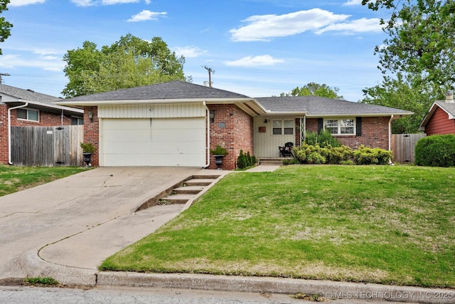 5729 E 25th Pl, Tulsa, OK 74114 - ranch-style house with fence, an attached garage, a front lawn, brick siding, and concrete driveway