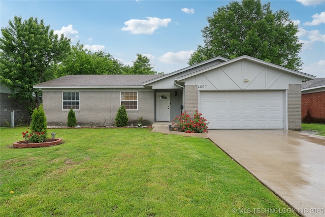single story home with a front lawn, fence, brick siding, concrete driveway, and an attached garage