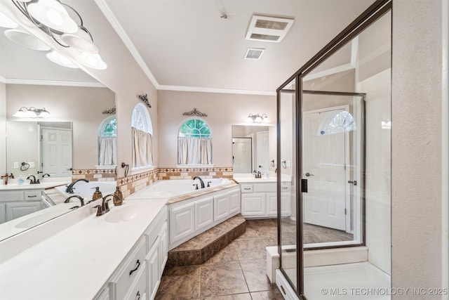 bathroom featuring crown molding, visible vents, a shower stall, and vanity