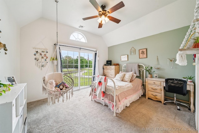 bedroom with access to outside, light colored carpet, visible vents, a ceiling fan, and vaulted ceiling