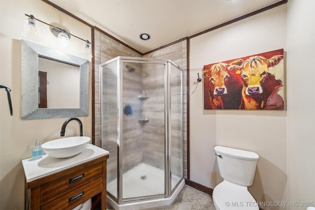 bathroom with vanity, toilet, and a stall shower