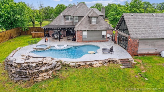 view of pool featuring a fenced backyard, a patio, a yard, and a pergola